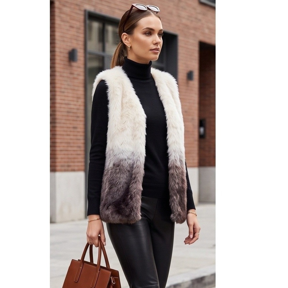 Democracy Faux Fur Vest Women Medium Cream Brown Ombre Excellent Sleeveless Coat